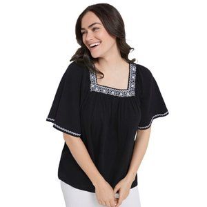 NEW Black Plus Sz 22 Embroidered Square Neck Gauze Cotton Roomy Shirt ELLOS